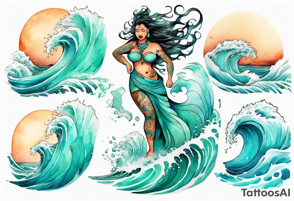 a beautiful chubby turquoise Naga woman emerging from an ocean wave, crashing onto the shore tattoo idea
