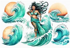 a beautiful chubby turquoise Naga woman emerging from an ocean wave, crashing onto the shore tattoo idea