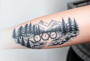 Forest landscape with mountains and a river, with three clocks in the river with dates tattoo idea
