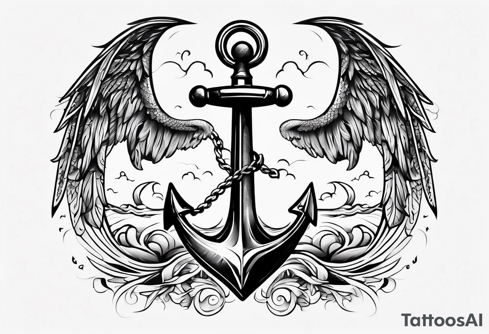 a ship anchor with an s through the anchor and angle wings on the left and right side tattoo idea
