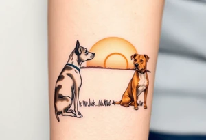 a mertle austrailian cattle dog with a tan pitbull standing look out into thee sunset tattoo idea