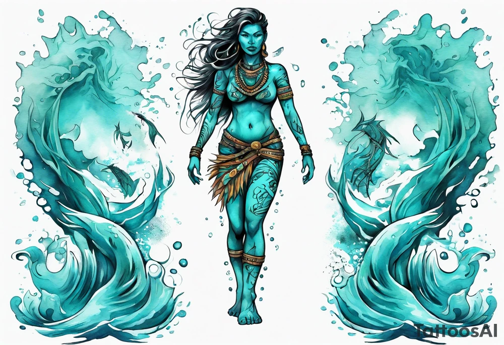 a turquoise Na'vi woman standing in the sea with water for legs surrounded by crashing waves tattoo idea