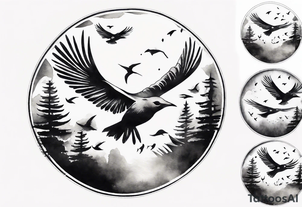 shoulder tattoo with light rays with birds flying free among the clouds, round shape, 3d effect tattoo idea