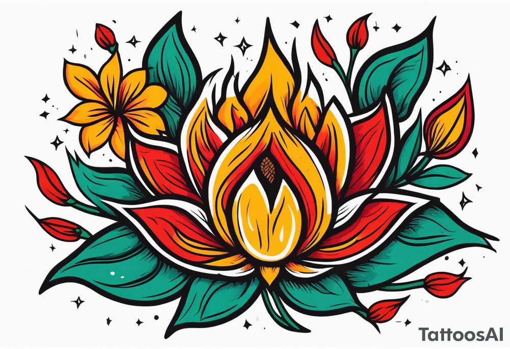 tongue of fire
old school vintage simple traditional design with vintage flowers surrounding
bold color simple tattoo idea