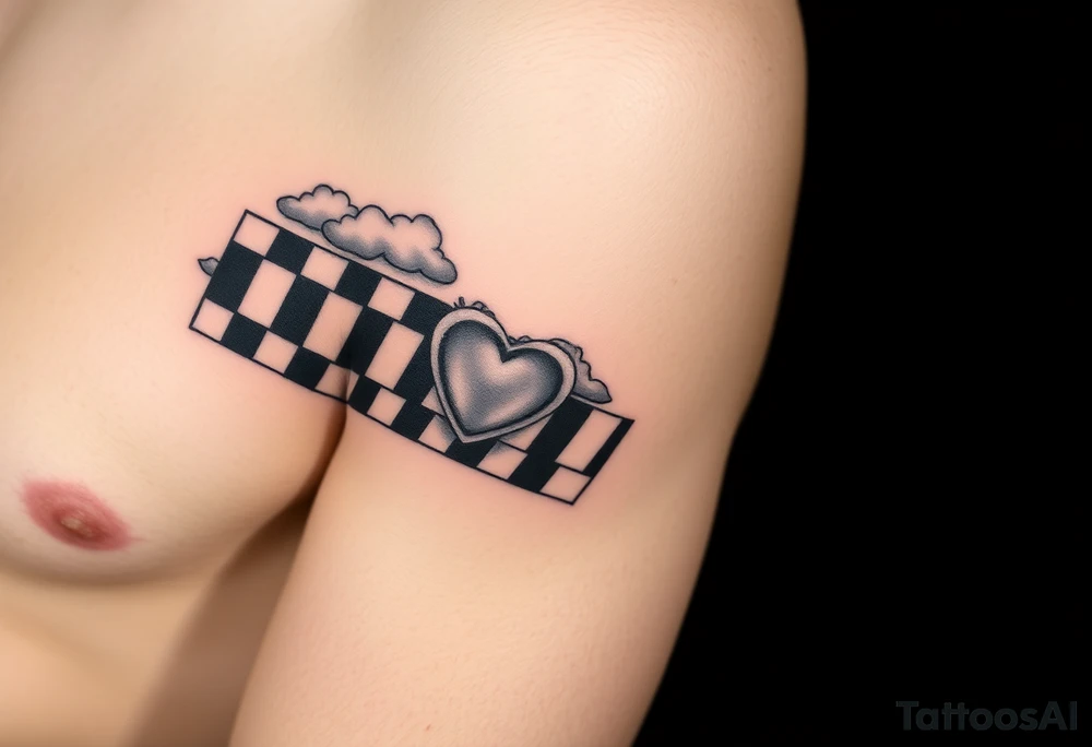 Caution tape with clouds around it, with chrome heart crosses logo tattoo idea