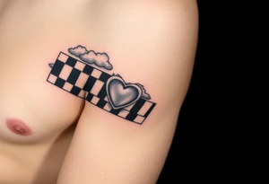 Caution tape with clouds around it, with chrome heart crosses logo tattoo idea