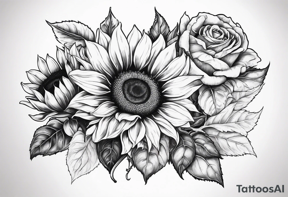 Sunflower and rose flower tattoo idea