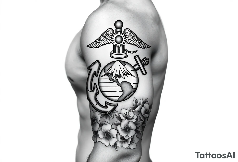 Marine Corps emblem with Cherry blossoms and Mount fuji tattoo idea