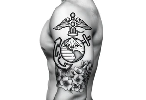 Marine Corps emblem with Cherry blossoms and Mount fuji tattoo idea