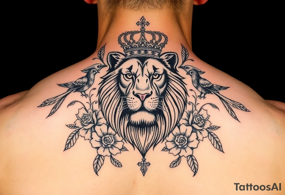powerful majestic lion with a crown, surrounded by floral ornaments and birds tattoo idea