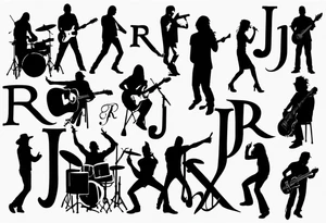 shadows of band members playing instruments. The letters R and J can be found incorporated subliminaly. tattoo idea