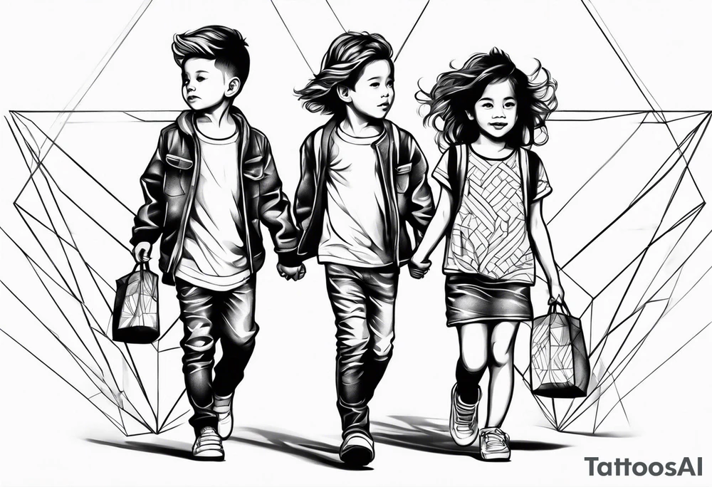 1 young boy 2 young girls walking tattoo idea
