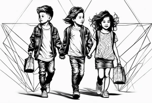 1 young boy 2 young girls walking tattoo idea