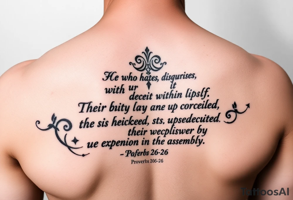 this bible verse proverbs 26: 25-26
He who hates, disguises it with his lips, And lays up deceit within himself,Their hatred may be concealed by deception, but their wickedness will be exposed in the assembly tattoo idea