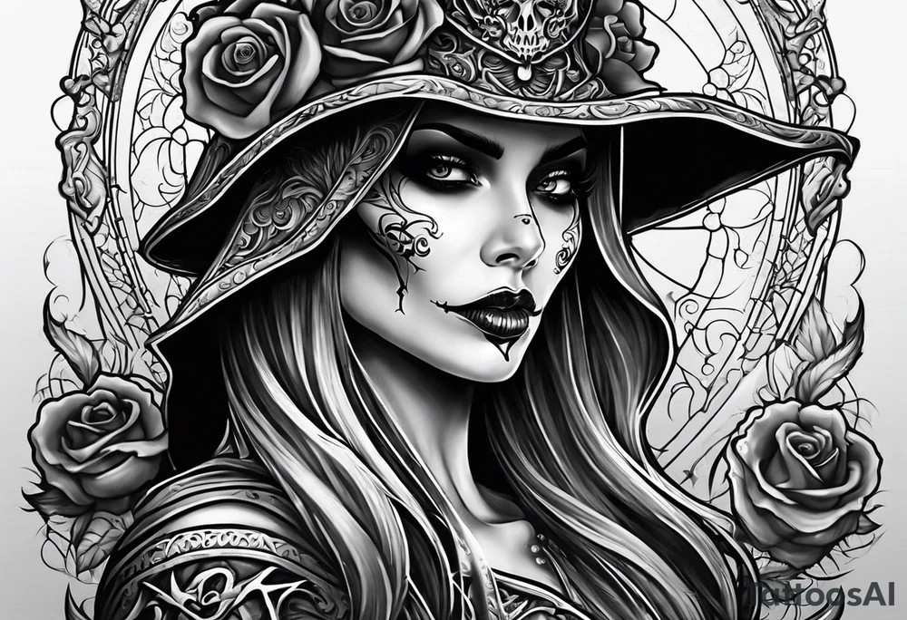 lady skeleton grim reaper devil tattoo idea
