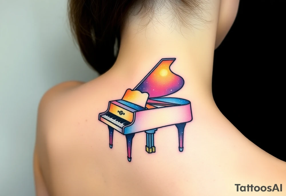 Colorful galaxy grand piano tattoo idea