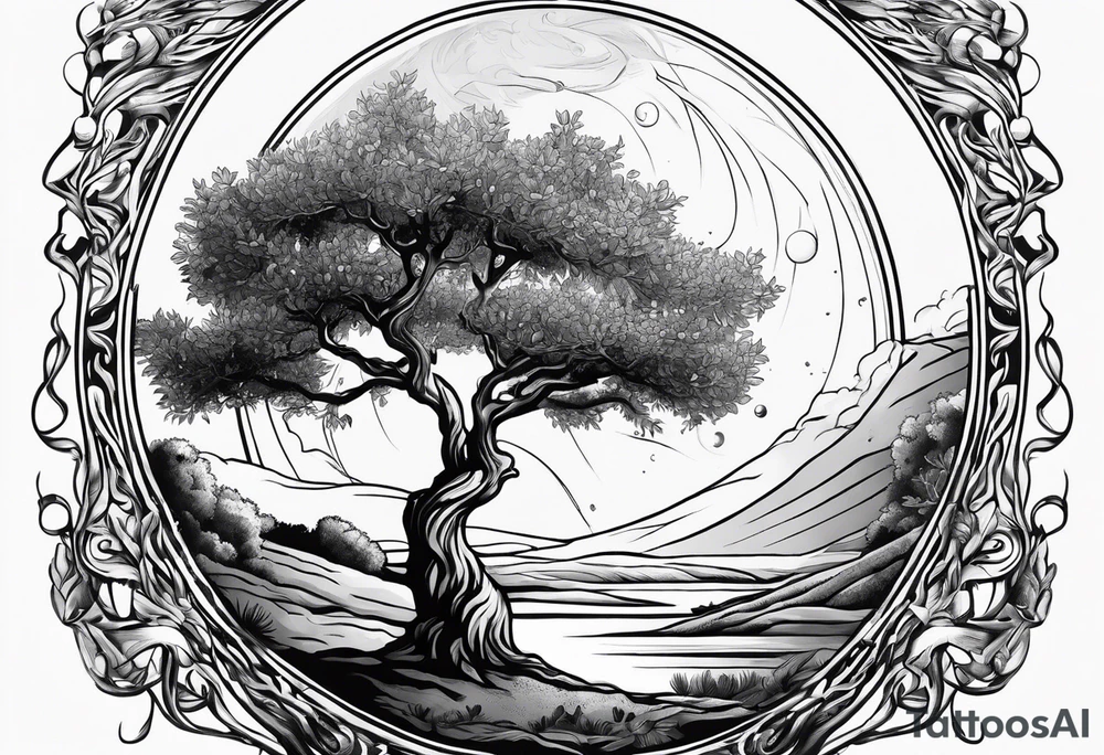an olive tree and Saturn at its back tattoo idea