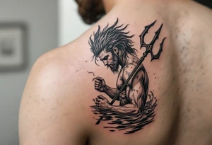 fit young poseidon with trident half way in calm water tattoo idea