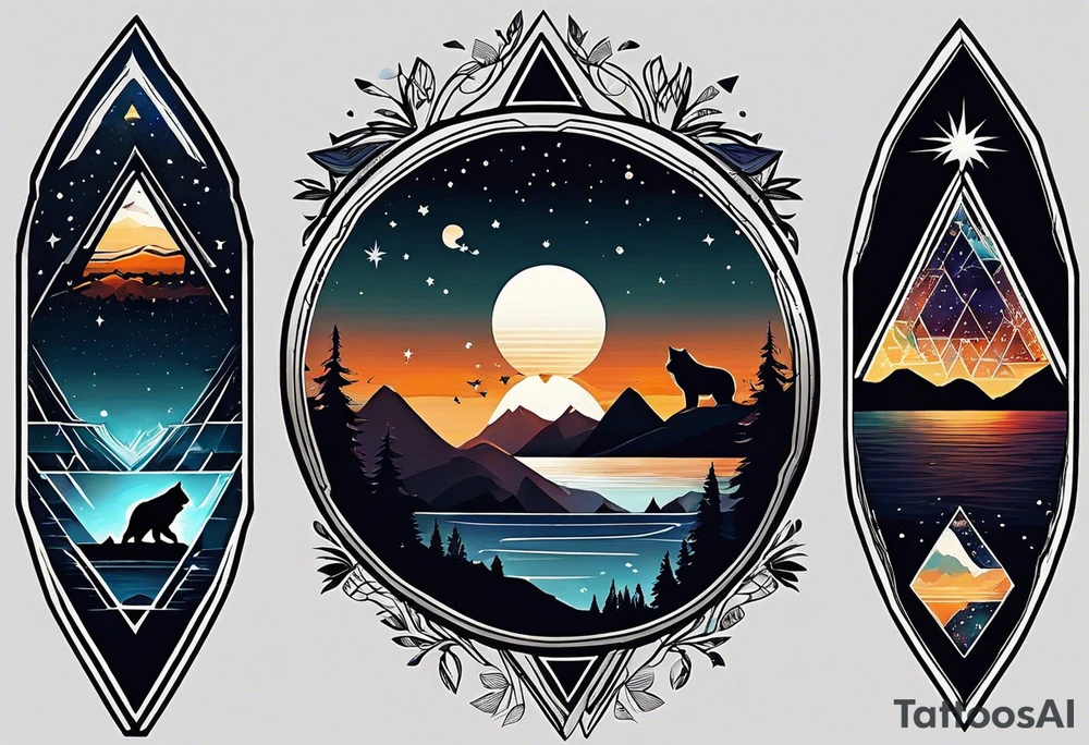 Create a sleeve tattoo from shoulder to wrist. The design should include space, stars, forest, sunset, mountains, cliffs, waterfall, water, ocean, wild animals (bear, wolves, elephant), and inserts of triangles and geometric figures. I have two children – a son, Sergei (the eldest), and a daughter, Anna, who live with me and my wife. But I also have another daughter, Marianna, whom I haven't seen for a long time and eagerly await to meet. The tattoo should symbolize love and protection for my children and family, the desire to secure their future, and confidence in tomorrow. It should reflect the notion of not looking back, but always moving forward and achieving goals! tattoo idea