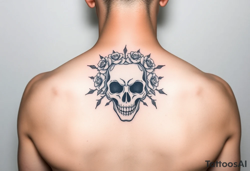 ornate skull adorned with crown of wild roses and thorns tattoo idea