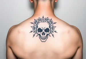 ornate skull adorned with crown of wild roses and thorns tattoo idea