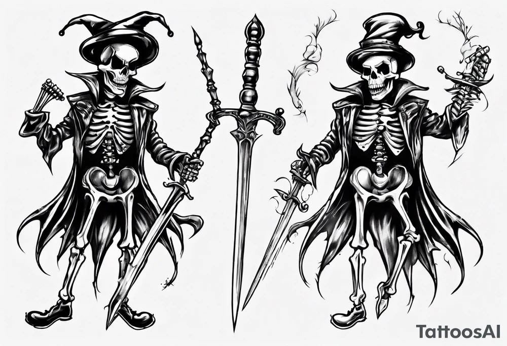 Skeleton court Jester clothed with sword tattoo idea
