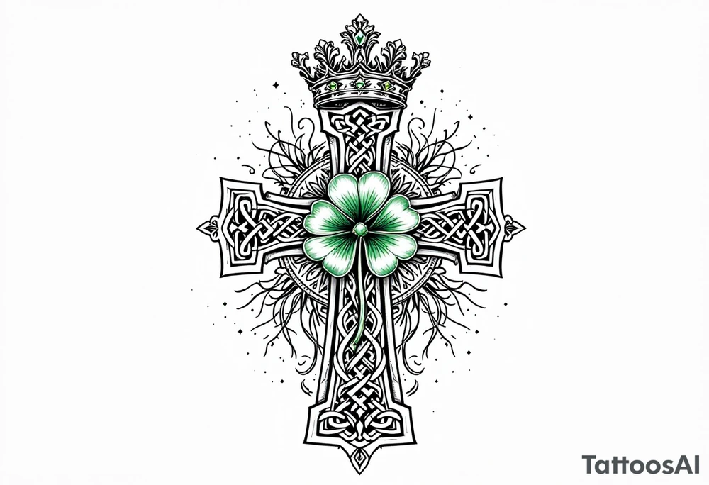Celtic cross tattoo featuring intricate knotwork patterns along the arms and base of the cross. At the heart of the cross, place a vibrant four-leaf clover, its leaves shaded with subtle gradients of green, symbolizing luck and unity. Above the cross, incorporate a regal crown adorned with ornate details, such as small gemstones or filigree, to signify authority and strength. Behind the cross include a lot of filigree and celtic knots giving a tree of life vibe tattoo idea