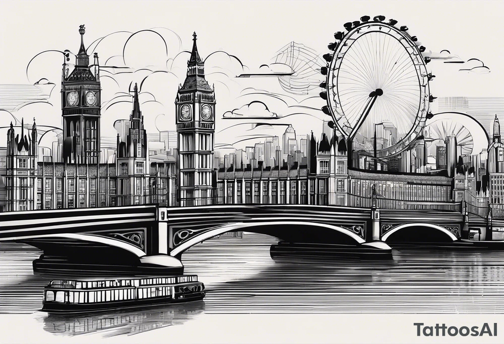 A minimalistic, abstract design capturing the architectural essence and vibe of London. Key elements of London’s skyline and structure are hinted at with clean lines, and subtle detailing includes personal touches, like a nod to Feid’s signature look (hat, glasses, mustache), integrated discreetly to honor a memorable concert experience. tattoo idea