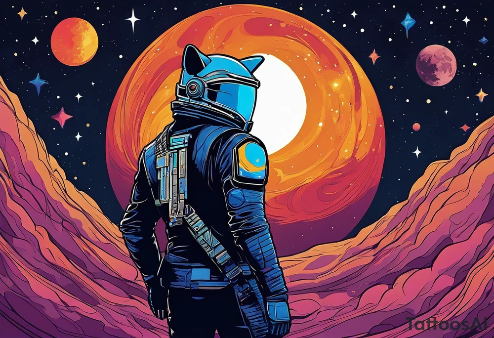 I want a tattoo with the idea and imagery about overcoming depression. I am particularly attached to the the idea of Kid Cudi’s man on the moon and man on the moon type imagery. I would like the general theme to be space related. I like the image of star lord and yondu from guardians of the galaxy when they are floating into space and yondu says I wasn’t your father but I am your daddy. General sci fi and space themes are welcome. Overall, I want a sense of overcoming difficulties. tattoo idea