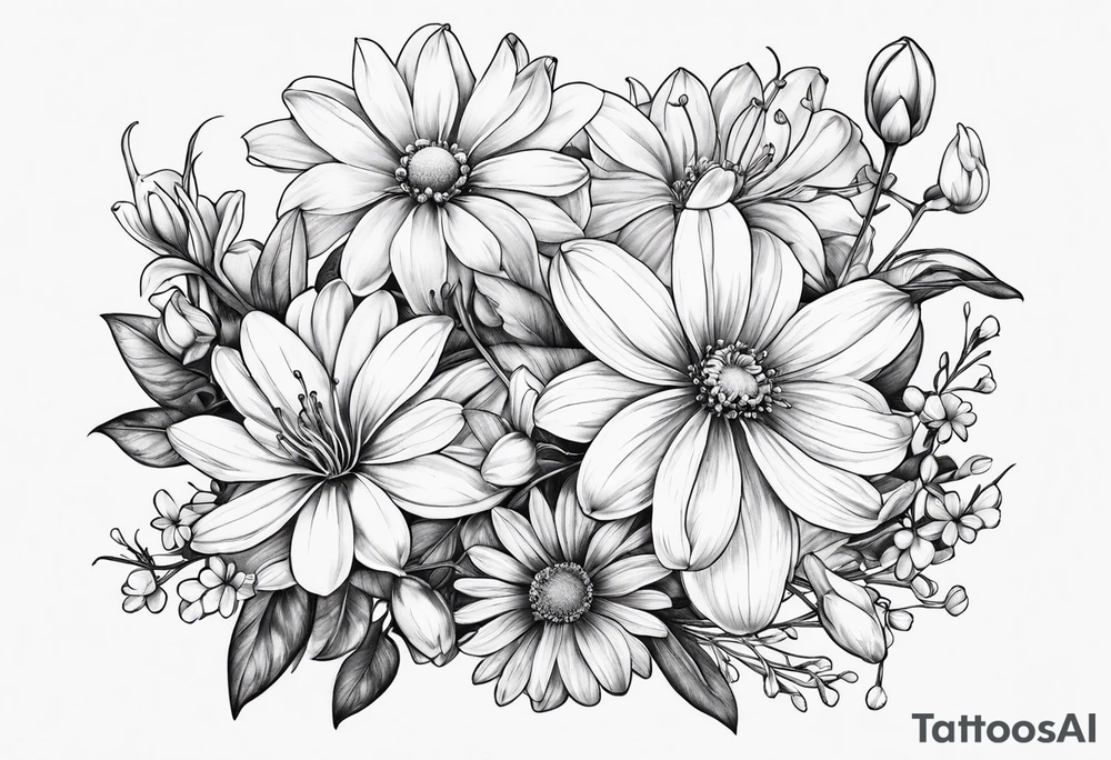 Honeysuckle,3 daisys,cosmos,and snowdrop tattoo idea
