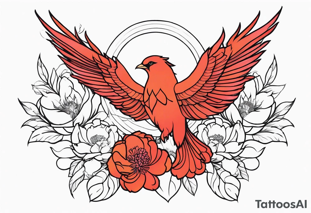 minimalist pheonix with peonies tattoo idea
