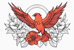 minimalist pheonix with peonies tattoo idea