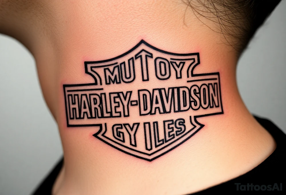 rip Logan a rustan in colligraphy letters inside of hollow Harley davidson sign tattoo idea