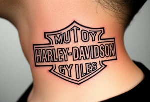 rip Logan a rustan in colligraphy letters inside of hollow Harley davidson sign tattoo idea