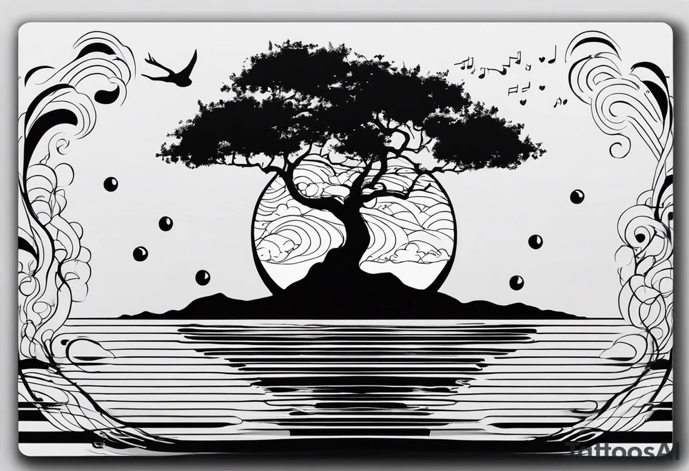 an abstract Tree of life tattoo design. Black and white. It should have roots growing out of the bottom. The roots slowly transform into water waves from the great wave by Hokusai. A golf ball should be placed discreetly. Like in the place of a moon. 2 license plate tags should be hanging from the tree. Place a few music notes. The letters A U should be engraved into the tree trunk in a heart tattoo idea