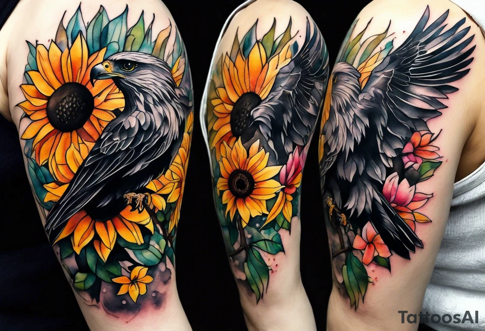 Small Watercolor inside arm tattoo, 4 inches. Black kite (Daya's name), nature (trees/flowers), rock/metal vibe (bold lines), sunflower. tattoo idea