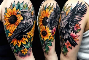 Small Watercolor inside arm tattoo, 4 inches. Black kite (Daya's name), nature (trees/flowers), rock/metal vibe (bold lines), sunflower. tattoo idea