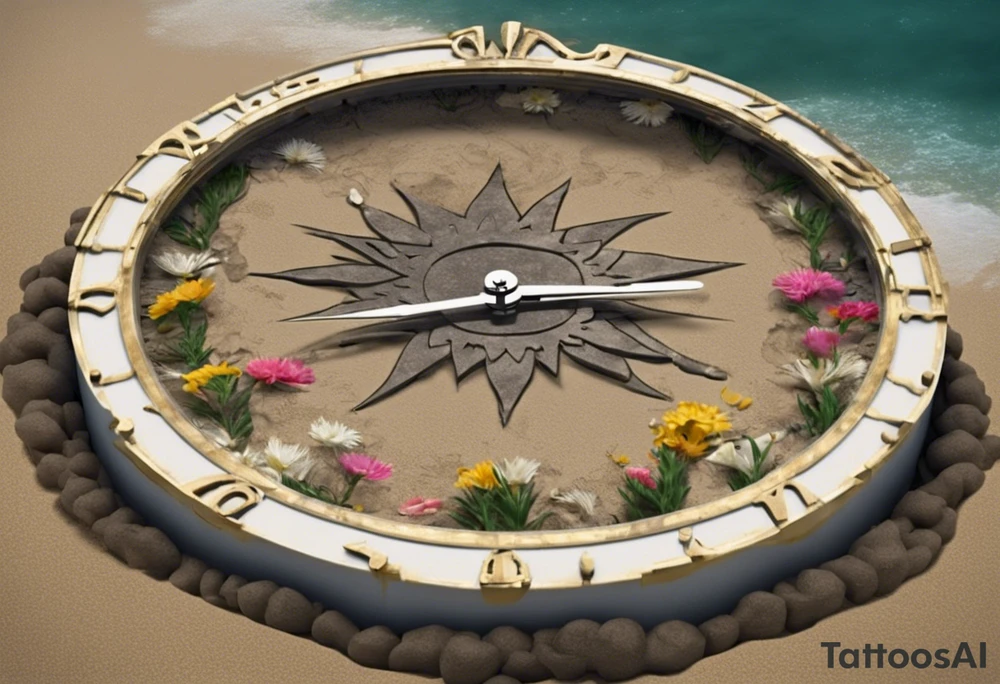 un reloj de arena que dentro de él habrá un barco enterrado en la arena, y al pie del reloj habrán flores. Bajo las flores habrá un papelito que diga "Atiny" y de él saldrán enredaderas con hojas pequeñas encerrando el reloj y arriba cerrará con un papelito que diga "Star1117" tattoo idea
