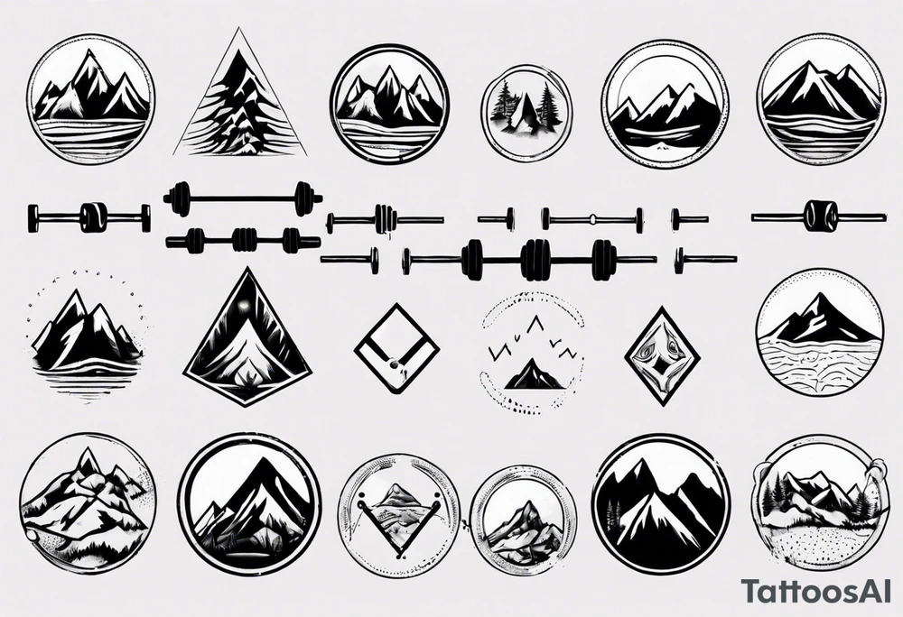 barbell, cycle, mountain tattoo idea