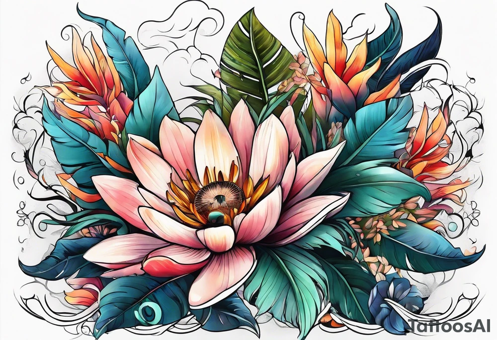 sea, flower, palm, animal tattoo idea