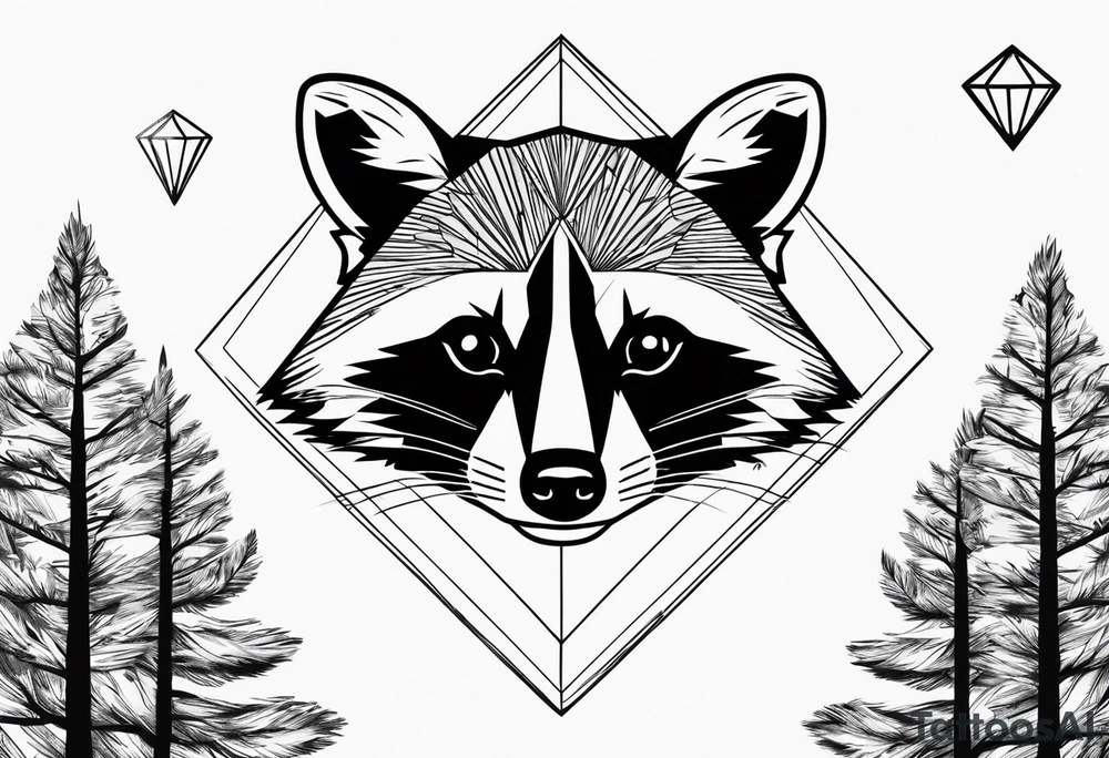 Portrait of raccoon with trees in background in the shape of a diamond tattoo idea