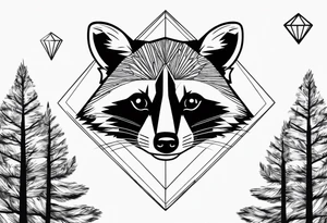 Portrait of raccoon with trees in background in the shape of a diamond tattoo idea