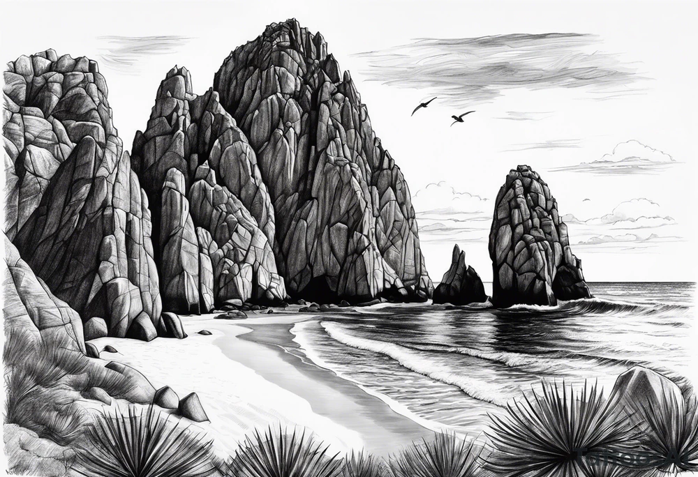 Cabo San Lucas beach with the famous rock formation overlooking ocean tattoo idea