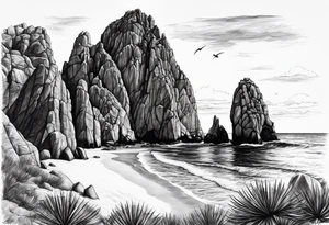 Cabo San Lucas beach with the famous rock formation overlooking ocean tattoo idea