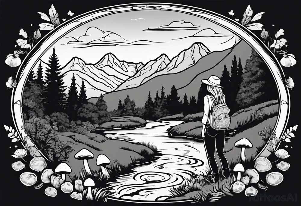 Whole picture encircled fully

Straight long blonde hair hippie girl in distance holding mushrooms in hand facing away toward mountains and creek surrounded by mushrooms long sleeve shirt and hiking pants; whole rendering within a full circle, no cut off circle tattoo idea
