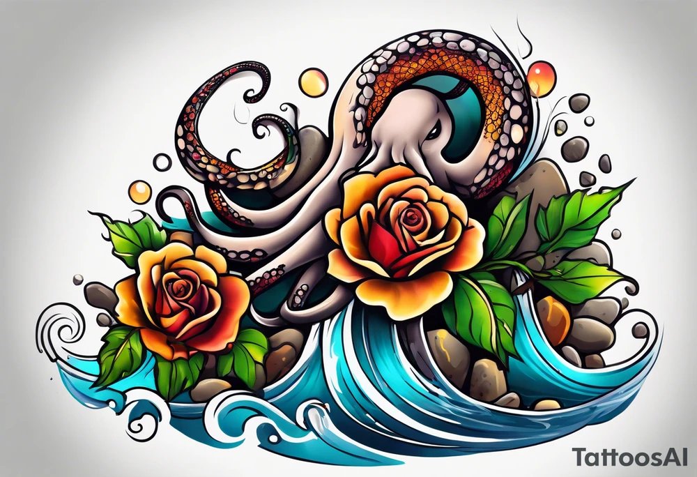 abstract left thigh tattoo with an octopus in water swirls wrapping around rocks, a rose, in fall colors with some small leaves and fall elements tattoo idea
