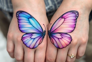 One has a half butterfly wing in shades of blue and violet, the other the mirrored wing, completing the butterfly across both bodies. tattoo idea