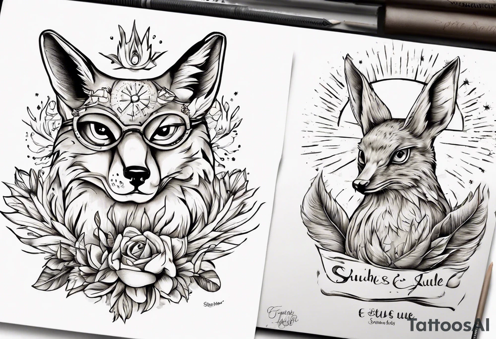 Fuchs und Eule unter der Sonne mit dem Schriftzug Sapere Aude tattoo idea