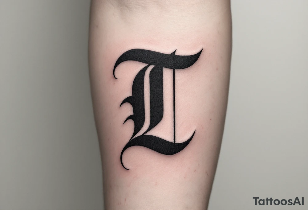 A bold black Gothic "T" with sharp serifs and subtle red shadowing. tattoo idea