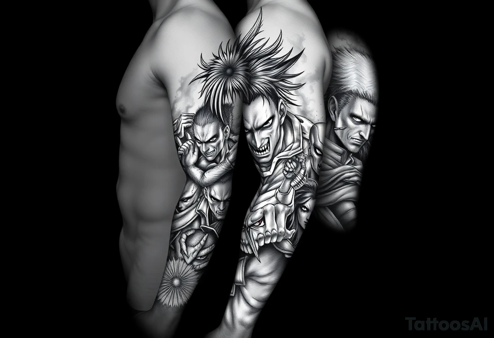 Full anime sleeve tattoo in black and grey realism, featuring intense anime characters with sharp shading, dramatic lighting, and high contrast. Multiple characters integrated seamlessly along the arm, with overlapping panels, bold linework, and detailed facial expressions. Dark shadows and smoky effects in the background for depth. Masculine and dynamic style, designed as a complete arm sleeve tattoo idea